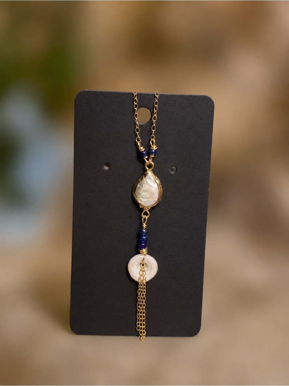 Gold Pearl and Blue Bead Lariat Necklace by - Picture 2 of 3